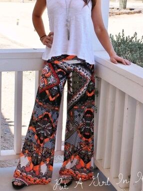 Boho Wide-Leg Printed Palazzo Pants - Orange Multi